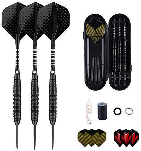 sanfeng Dartpfeile mit Metallspitze, 3 Stück 22 Gramm Steeldarts, Steel Darts Pfeile mit Aluminum Schafts 9 Flights, 50 Anti-Lose Gummiringe 12 Spring Rings 1 Dart Tool Sharpener