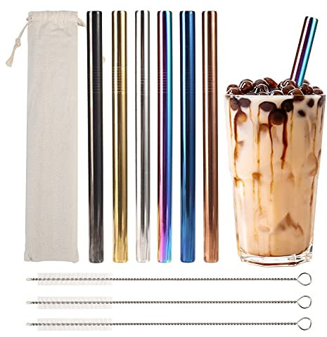 6St Bubble Tea Strohhalme Edelstahl Trinkhalme Metall Strohhalm Bunt - 12mm Breit Strohalme für Boba Perlen, mit 3 Bürsten und 1 Tragetasche, Wiederverwendbare & Spülmaschinenfest