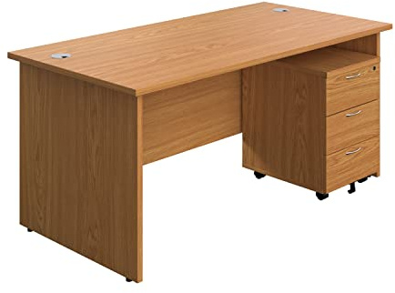 Office Hippo Panel Desk with 2 Mobile Storage Including Filing Drawer, A4, Foolscap, Engineered Wood, Oak, 180 x 80 x 73 cm