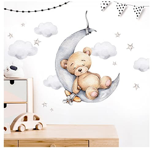 Little Deco Wandsticker Bär mit Mond Wandtattoo Kinderzimmer Tiere Teddybär Wandaufkleber Babyzimmer Schlafzimmer Deko DL871-4