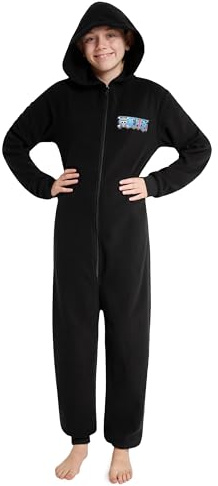 One Piece Onesie Kinder Jungen, Anime Fleece Einteiler Pyjama für Kinder 7-14 Jahre - Anime Merch, Anime Geschenke (Schwarz, 13-14 Jahre)