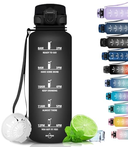 Grsta Gourde - 1500ML - Bouteille d'eau, sans BPA, Gourde Graduée pour 1 Journee, Filtre et Marqueur de Temps, pour la randonnée, l'école - Noir