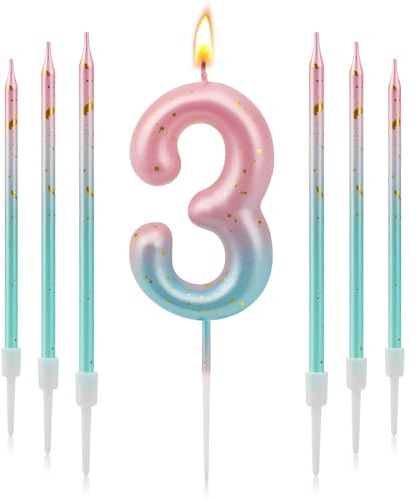 7 Pièces Bougie Anniversaire 3D Dégradé Bleu Rose, Paillettes D'or Chiffre pour Fête de Mariage, Bougie 3 Ans (3)