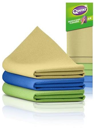 Qwikr Paños de microfibra, 6 unidades, amarillo, verde y azul, paños de limpieza, paquete de 30 x 30 cm, ideal para grandes tareas, paños de microfibra, lavables a máquina a 60 grados