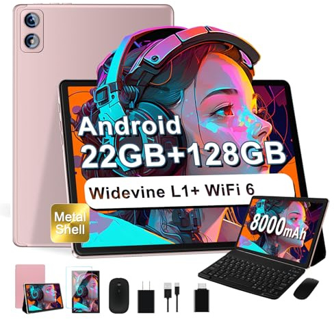 Dghrti 2025 Android Tablet 10 Zoll, 22(6+16) GB RAM+128GB ROM/TF 2TB, 8000mAh Akku, 8-Cores CPU, Widevine L1, WLAN 6, GPS, Face ID, BT5.0, 5MP+8MP, Tablet mit Tastatur+Maus, Metallkörper Gold