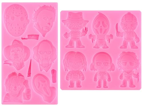 RFGHAC Set di 2 stampi in silicone a forma di personaggi horror, personaggi del film spaventoso, per Halloween, decorazione di torte di zucchero, cupcake, pasta di gomma, caramelle, argilla polimerica