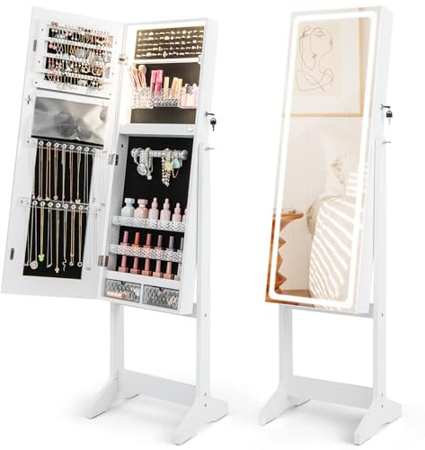 RELAX4LIFE Armoire a Bijoux avec Miroir LED, Miroir Bijoux LED Inclinable, Éclairage 3 Couleurs, Luminosité Réglable, Verrouillable, Armoire à Bijoux sur Pied pour Chambre Dressing Salon (Blanc)