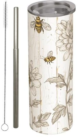 amepay Bee and Floral Stainless Steel Insulated Tumbler with Lid - 20oz Rustic Wildflower Travel Mug, Reusable Metal Straw & Brush, Double-Wall Vacuum Bottle Cup for Hot and Cold Drinks,Gifts
