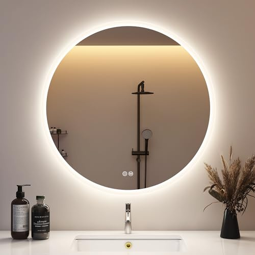 STARLEAD Rund LED-badrumsspegel med belysning 80 cm, rund badrumsspegel med dimbar, 3 färgtemperaturer, avfrostning, minnesfunktion, HD härdat glas, IP44 vattentät