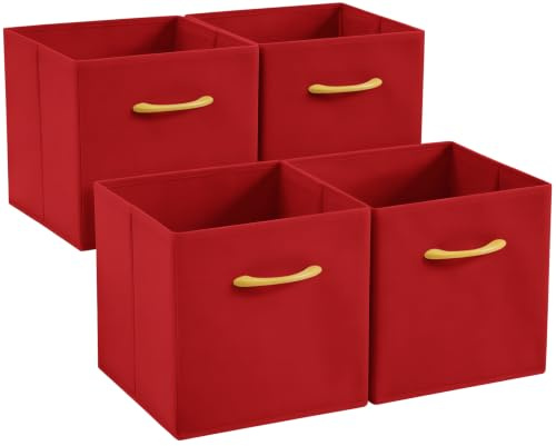 Collapsible Fabric Storage Cubes, Pack of 4 Foldable Boxes with Handles | Bright Red 27 x 27 x 27 cm | Non-Woven Fabric | Open-Top Cube Shelf Baskets For Wardrobes, Toys, Clothes & Nursery