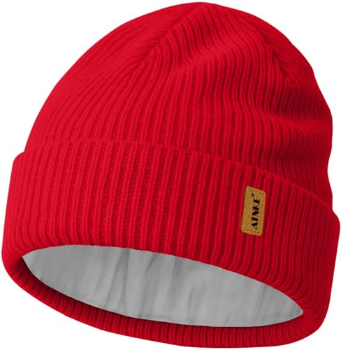 ATNKE Unisex stickad mössa hatt, stretchig tjock varm fleecefodrad dagligen vinter mjuk manschett ullig skalle keps gåvor för män pappa och kvinnor, Röd, one size