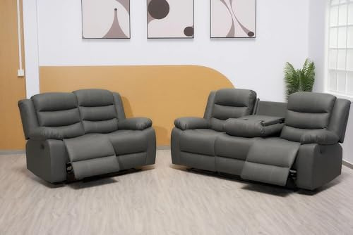 Madrid Leather Recliner Sofa Set with Cupholders – 3+2 Seater Manual Recliner Sofas for Living Room (Grey, 3+2 Seater)