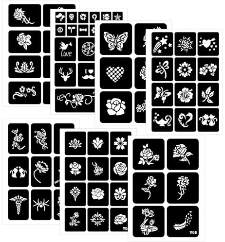 Henna stencilsats, 142 stycken tillfälliga tatueringsmallar, 7 blad henna tatuering barn och vuxna stenciler för kvinnor flickor tonåringar ansikte färg kroppskonst