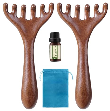 Appareil de massage du cuir chevelu en bois - Double brosse de tête - Instrument de relaxation à 6 griffes - Peigne de stimulation douce des cheveux - Accessoire de massage pour femmes et hommes