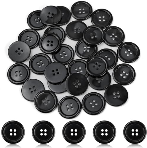 JAXICREY 30 Stück Knöpfe Schwarz, 4 Löcher Buttons 25mm, Knopf Harz, Knöpfe Groß Zum Basteln, Rund Knoepfe für Kleider, Nähen, Mantel, DIY Handwerk und Deko