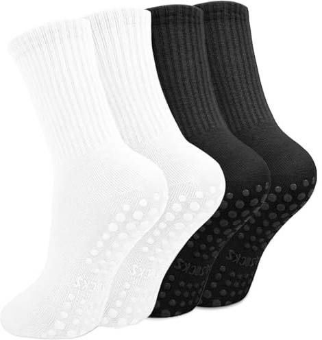 Yikki Lot de 4 Paires de Chaussettes Antidérapantes pour Femme, Idéales pour la danse, le fitness, la gym, le ballet, le trampoline, la maison et l'hôpital, taille unique