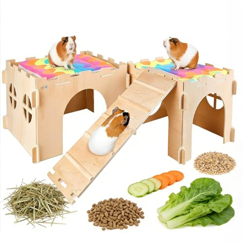 KUWUNG Guinea Pig House, Wooden Hamster House, 55x25x20cm Detachable Guinea Pig Hideout with Mats Ramp Multiple Doors Windows for Guinea Pig, Chinchilla, Hamsters, Bunny