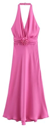 OPIGJUFD satinklänning sommar damer nackhållare satin midiklänningar med sublim blomma multiway bälte djup v-ringad sexig öppen rygg bröllopsgäst festklänningar för fester
