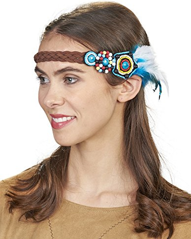 Elbenwald Stirnband mit Schmuckperlen und Federn - Türkis - Toller Kopfschmuck zu Indianer Hippie Kostümen Karneval Festival Love and Peace Party