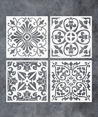 GSS Designs Pack of 4 Stencils Set (6x6 Inch) Tile Stencil Painting On Floor Tiles Wall Fabric Wood Furniture - Laser Cut Reusable Stencils (SL-018)