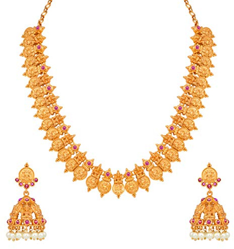 Aheli Ethnic Wedding Traditional Laxmi Goddess Crafted Faux Ruby Necklace Set South Indian Style Temple Jewellery for Women