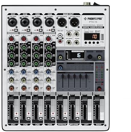 Professional Audio Mixer, Phenyx Pro Sound Console w/USB Audio Interface, 4-Channel Sound board DJ Mixer w/Stereo Equalizer, 16 DSP Effects, suitable for Stage, Live Gigs, and Karaoke (PTX-15)
