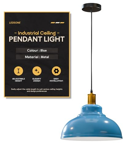 LEDSone Retro Metall E27 Fassung Hängelampe Lampenschirm Metallfassung Vintage Industriestil Deckenleuchte Lampenschirm Wohnzimmer Hängelampe (Blau)