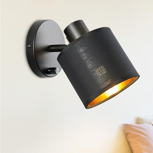 Lightess Applique Murale Intérieure avec Interrupteur Dimmable, Lampe de Chevet Murale Industrielle Retro Noir, Luminaires Intérieur 40W, Appliques Abat-jour en Tissu Vintage pour Chambre Salon, E27