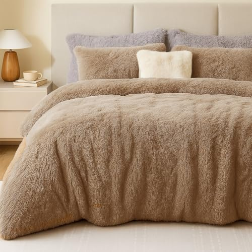 Sacebeleu - Juego de ropa de cama de peluche, 220 x 240 cm, color caqui y marrón claro, cálido, para invierno, de franela y biberón, con cremallera y 2 fundas de almohada de 80 x 80 cm para cama de