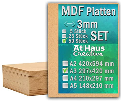 AtHaus Set di 50 pannelli in legno MDF A3-420 x 297 mm, spessore 3 mm, per bricolage, pittura, modellazione, incisione, perfetti per laser, router CNC