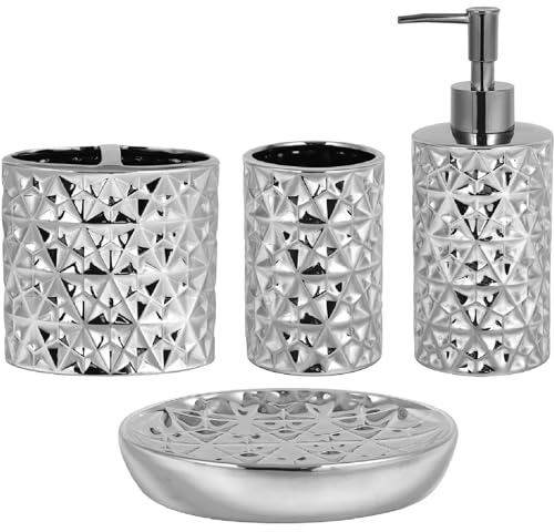 Silbernes Badezimmer-Zubehör-Set, 4-teiliges Keramik-Badzubehör-Set, komplett, Diamant-Seifenspender und silberfarbener Zahnbürstenhalter für Badezimmer, Theke, Waschbecken, Bauernhof, modernes