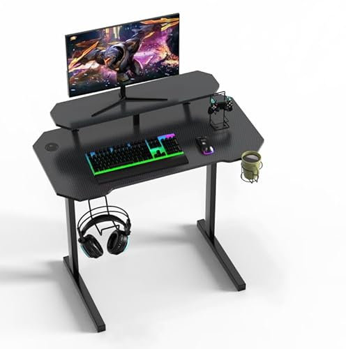 Lvhcmfohm Bureau Gamer 100x55cm, Table Gaming de Jeu Ergonomique, Bureau d'ordinateur avec Porte-Gobelet, Crochet pour Casque et Support de Hauteur Amovible (Forme de L)