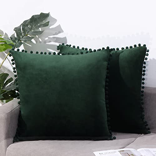 eslohnt Grün Kissenbezug mit Pom Pom 40x40,2er Set Einfarbig Samt Zierkissenbezüge für Sofakissen Dekokissen,Dekorative für Sofa Wohnzimmer Büro