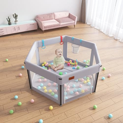 EAQ Baby Laufstall Faltbar,Extra Stabil Baby-Laufgitter mit passender Matte, Aktivitätszentrum für Kinder für drinnen und draußen mit rutschfester Unterseite (Hexagon)