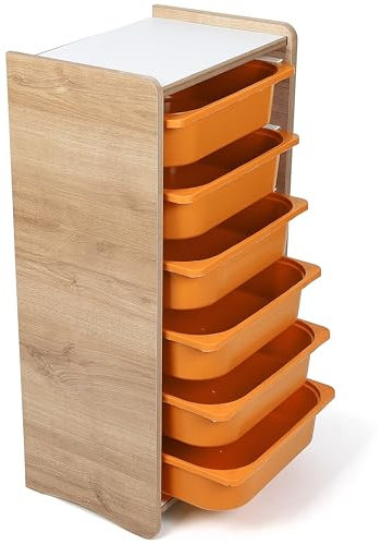 Industrial Living Armoire pour enfant avec 6 tiroirs de rangement orange - Armoire pour chambre d'enfant - Meuble à jouets - Meuble de rangement - Bibliothèque - Bois - Noyer