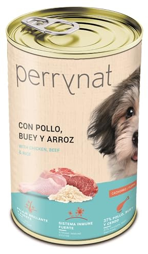 Perrynat Chiots, Puppy, Paté pour Chiot, Nourriture humide pour chiens, bœuf et riz. Lot de 12 unités x 400 g