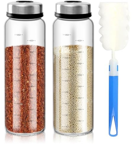 MEYAGOT Pot A Epices En Verre,2 Pièces 500 ML Pots A Épices En Verre Borosilicaté Avec Brosser,Pot A Epices Verre Set,Bocaux A Épices,Pots A Epices,Scellage Epices Pots Pour Sels,Epices