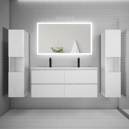 AICA Ensemble Meuble de Salle de Bains 120cm, Double Vasque + Colonne + LED Miroir rectangulaire,Blanc