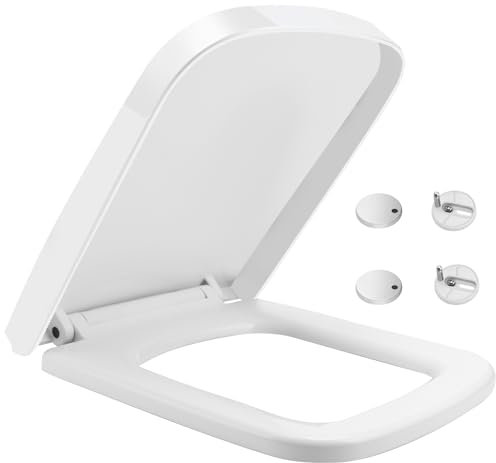FZENeast Toilettendeckel, WC Sitz mit Absenkautomatik, Antibakteriell Abnehmbar Quadratisch Klodeckel aus Duroplast Toilettensitz mit Verstellbare Scharniere(Eckig)