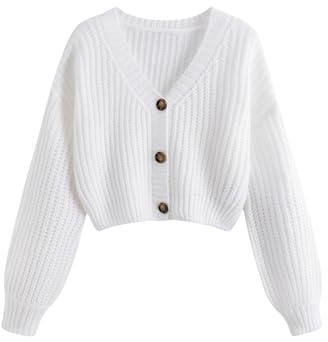 GORGLITTER Women's Cropped Cardigan Sweaters Light Weight Button Up Chunky Knit Long Sleeve Trendy 2025 Outfits White Small