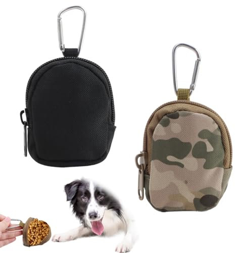 2 Pack Small Dog Treat Bag, Dog Training Treats Pouch Hand-Free Pocket Walking Treat Bags with Mezzanine and Carabiner, Dog Snack Pouch for Daily Use Pet Puppy Outdoor Training (Camouflage/Black)