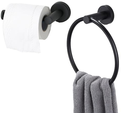 2 Pcs Toilet Roll Holder Towel Ring, Bathroom Accessory, Matt Black Hand Towel Holder, Self Stick on Toilet Roll Holder, Wall Mounted Stainless Steel Holder for Bathroom Kitchen Hotel
