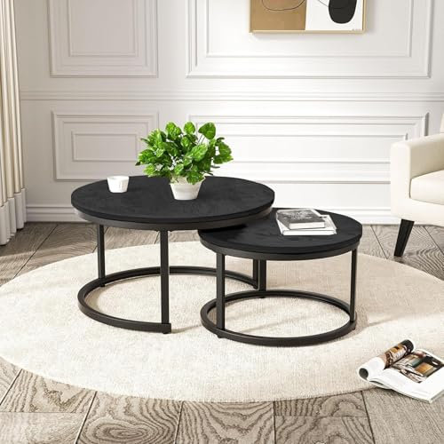 Hawthyhome 2 Stücke Beistelltisch Set rund, Couchtisch aus Holz mit Metallrahmen,Moderne Kaffeetische Satztische für Wohnzimmer Schlafzimmer Schwarz