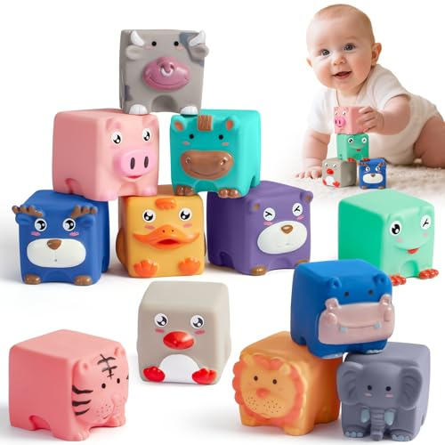 Toylink Baby Stapelspielzeug aus Silikon ab 6 Monate, Bausteine Stapelwürfel mit Tierform Weiche Montessori Sensorik Spielzeug Stapelspielzeug, Lernspielzeug für Baby Junge Mädchen ab 6 12 18 Monate