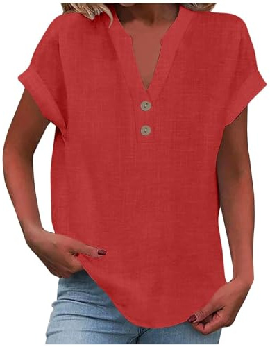 Camisa Mujer Lino Algodón Manga Corta Camiseta Blusa Polo Ligero Verano Moda Casual Color Sólido Cómodo Suelto Cuello en V Botones Tops Elegante Basic tee Talla Grande Transpirable 2025