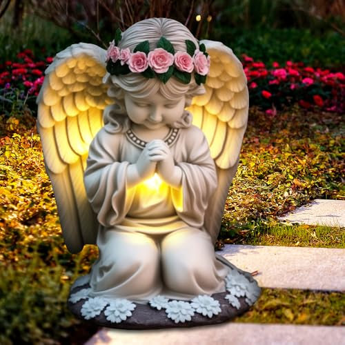 HOVCEH Anges Statue Jardin Exterieur, Résistant aux Intempéries Statues Solaires de Jardin, LED Ange Priant Decoration Garden Exterieur, Intelligentes Angel de la Fée, Décoration de la Tombe