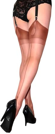 Fully Fashioned Nylon Stockings Seamed Cuban Heel Keyhole Welt Brown, Medium NEW