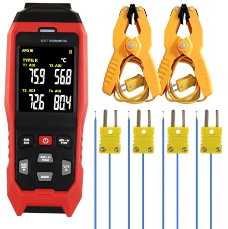 4-kanals termometer av typ K med datainspelning, industriell digital temperaturmätare, -200 °C till 1372 °C (-328 °F till 2501 °F) med 2 rörklämmor sensorer för HLK-, laboratorie- och