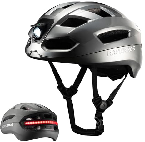 ROCKBROS Fahrradhelm Herren Damen mit Licht, Intelligenter Fahrrad Helm mit LED Vorder und Rücklicht Blinker Fernbedienung Für Rennrad MTB E-Bike, Verstellbar 58–60cm Titan