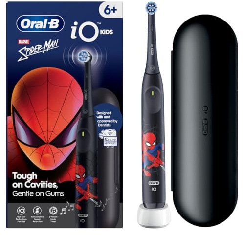 Oral-B Spazzolino da denti elettrico iO Kids, Spazzolino da denti, motivo: Spider-Man, nero – 3 modalità di spazzolatura morbida per bambini di 6 anni, timer musicale, punta rotonda di ricambio